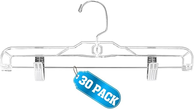 AMKUFO Pants-Hangers-with-Clips-30-Pack, 14 Inch Clear-Plastic-Skirts-Hangers-with-Adjustable-Clips for Shorts Jeans Trousers, Clothes-Hangers Non-Slip Clip-Hangers