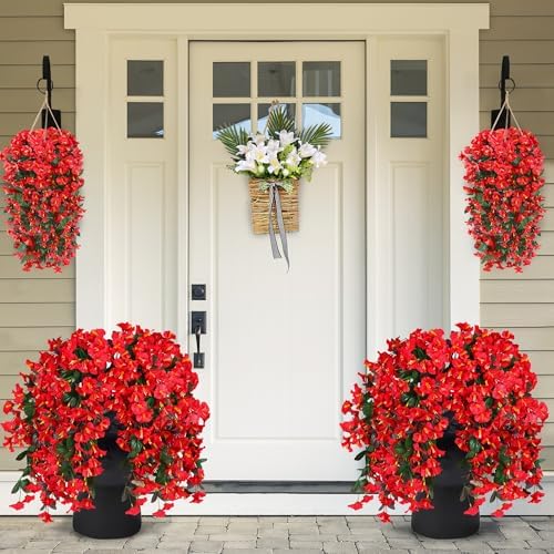 Sggvecsy Artificial Fake Hanging Flowers Plants for Outdoor Outside Spring Summer Decoration 4PCS Faux Silk UV Resistant Realistic Morning Glory Trailing Vines for Home Porch Patio Balcony(Red) - Image 3