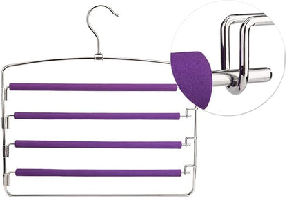 4 Floors Sponge Non-Slip Multi-Layer Pants Rack, Multi-Function Stainless Steel Pants Rack, Hangers, Cloth Rack, Space Saving, Wardrobe, Pants Vertical Hanger, Multi-Layer Hanger (Purple)