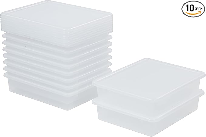 ECR4Kids Letter Size Plastic Tray Organizer with Lids, Small, Storage Bins, Clear, 10-Piece