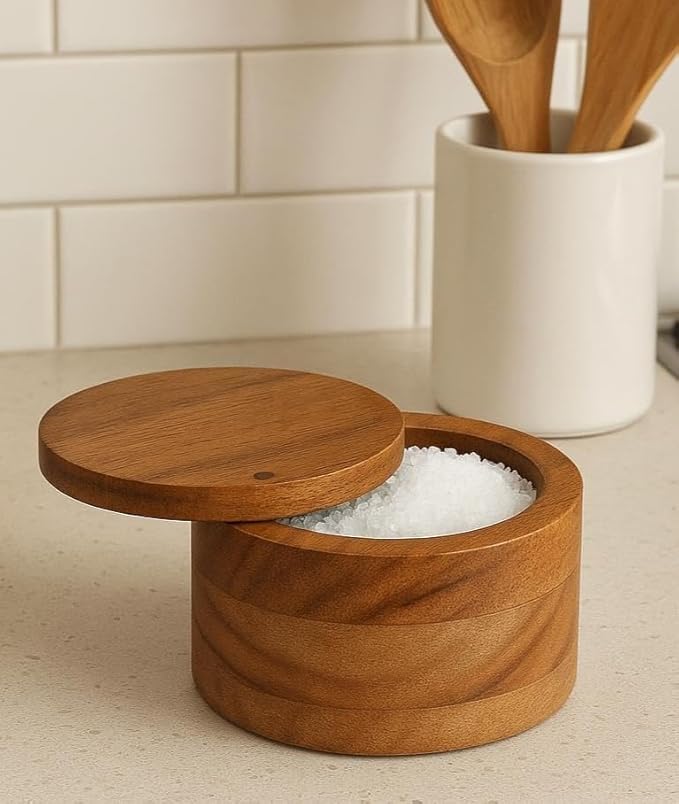 Acacia Wood Salt cellar bowl Box with Swivel Lid – Wooden Salt box for Kitchen Countertop, Salt Keeper for Cooking, Spices & Seasonings