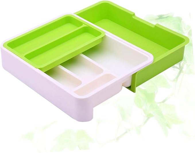Telescopic Cutlery Storage Tray Kitchen Organizer Multi-divided Design for Versatile Storage Container for White Green