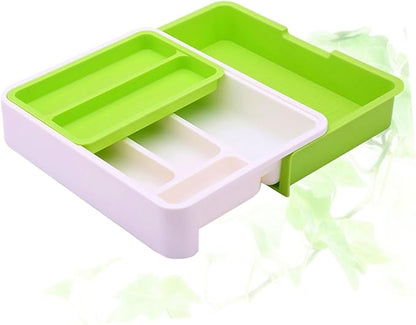 Telescopic Cutlery Storage Tray Kitchen Organizer Multi-divided Design for Versatile Storage Container for White Green