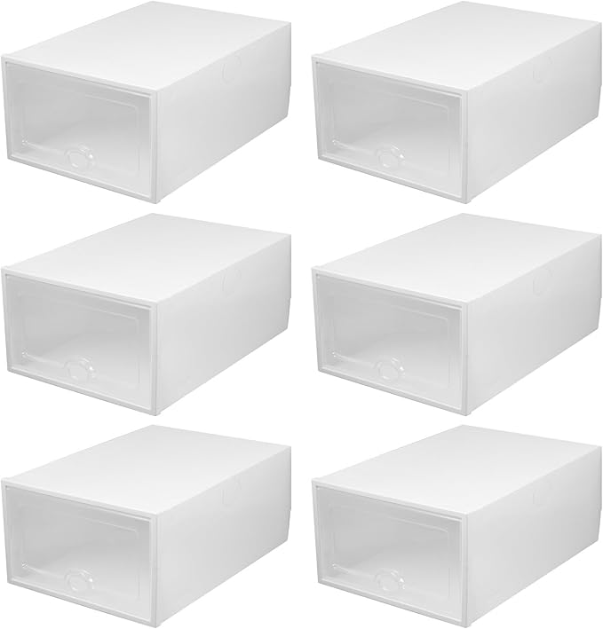 ARTIBETTER 6pcs Plastic Shoe Storage Boxes with Flip Lid Drawer Design, White 33×23×14cm Stackable Organizers for Home Closet Shoe Storage
