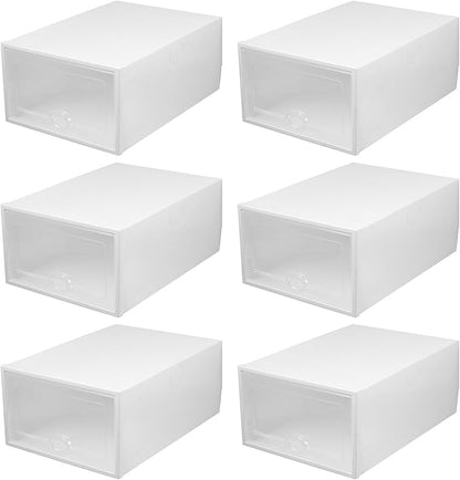 ARTIBETTER 6pcs Plastic Shoe Storage Boxes with Flip Lid Drawer Design, White 33×23×14cm Stackable Organizers for Home Closet Shoe Storage
