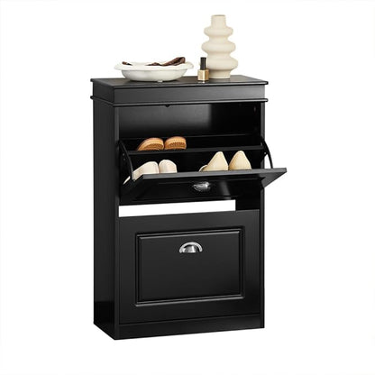 SoBuy Small Shoe Cabinet, Slim Shoe Rack 2 Flip-Drawers, Thin Shoe Storage Cupboard Organizer Unit for Entryway and Hallway, Black FSR78-SCH