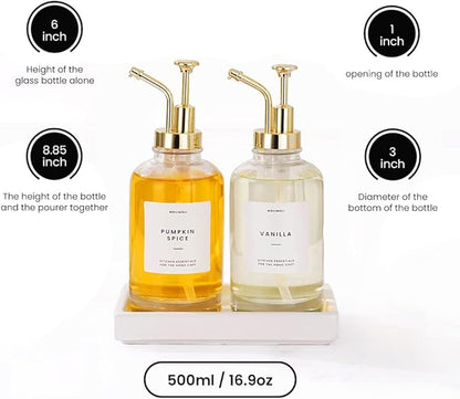 Molimoli Coffee Syrup Dispenser for Coffee Bar with Ceramic Tray, Coffee Pump Dispenser, 500 ml, Set of 2, Gold Upgraded Pump