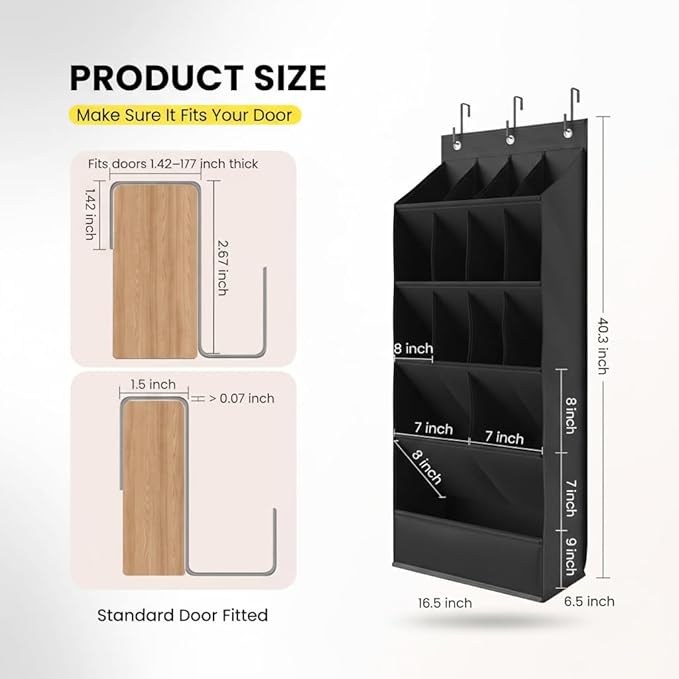 Over the Door Organizer, 15 Deep Pockets, 900D Oxford Fabric, Black, Heavy-Duty Metal Hooks, Space-Saving Storage for Closet, Bedroom, Bathroom