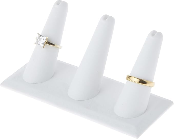 Plymor White Faux Leather Ring Finger Display, Three on Rectangular Base, 4.875" W x 2.25" D x 2" H (Pack of 6)