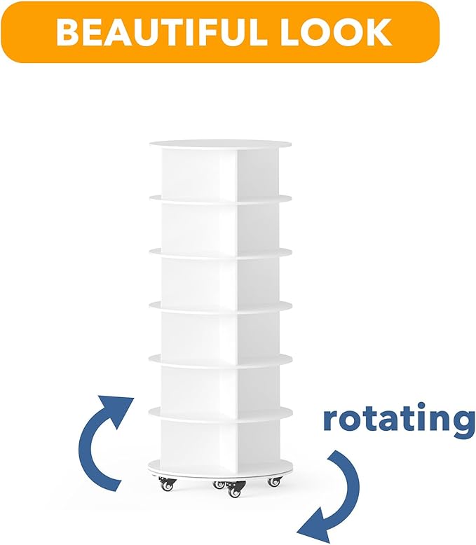 SpaceAid Spinning Shoe Rack with Wheels, 6 Tier Rotating Organizer Shoe Tower Lazy Susan with Thick Bottom, 360 Display Revolving Storage Shelf, Round Circular Rotate Organization, White