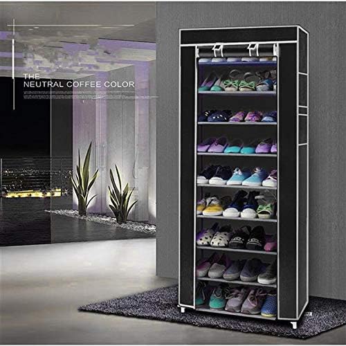 9 Tier Space Saving Portable Shoe Rack Storage Organizer, 10 Tiers 9 Lattices Non-Woven Waterproof Fabric Cover (Black, 10 Tiers 9 Lattices)