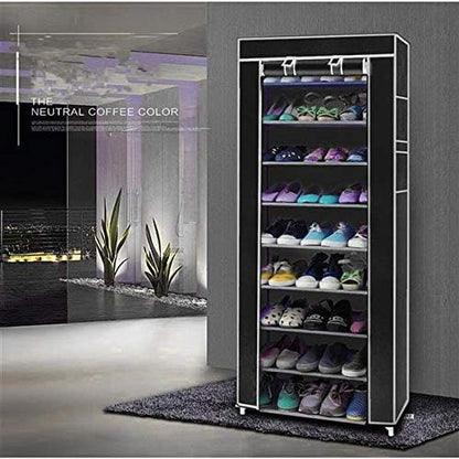 9 Tier Space Saving Portable Shoe Rack Storage Organizer, 10 Tiers 9 Lattices Non-Woven Waterproof Fabric Cover (Black, 10 Tiers 9 Lattices)