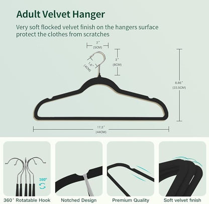 Stormix 36 Pack Velvet Hangers, 17.3 x 8.9 Inches Clothes Hangers, Non Slip Dresses Hangers with Shoulder Notches for Adult Black