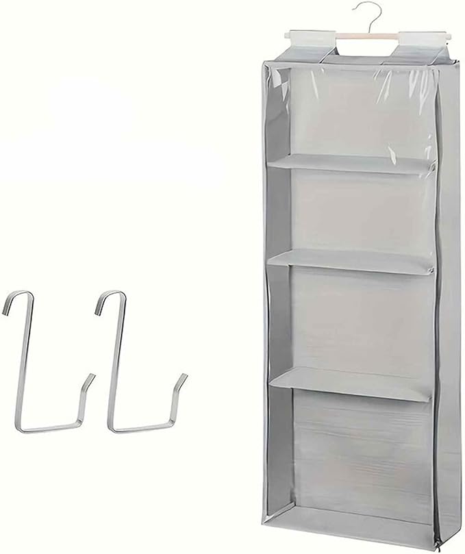 Clear Hanging Stuffed Animal Storage, Over The Door Organizer with 4 Large Pockets for Toys Shoes (Grey)