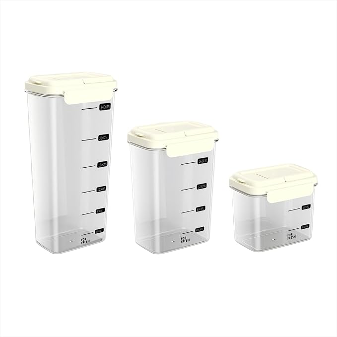 3-Piece Airtight Storage Set - 1200ml+2000ml+2800ml with Handheld Design, BPA-Free Food-Grade, Stackable Organizers for Flour, Grains, Oats, Pasta, Pet Food (Cream Yellow)