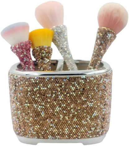 Luxury Bling Rhinestone-Embellished Makeup Organizer Box Storage – Large Capacity Cosmetic Brush Lipstick Eyebrow Pencil Storage Box and Desktop Organizer Rack (Golden)