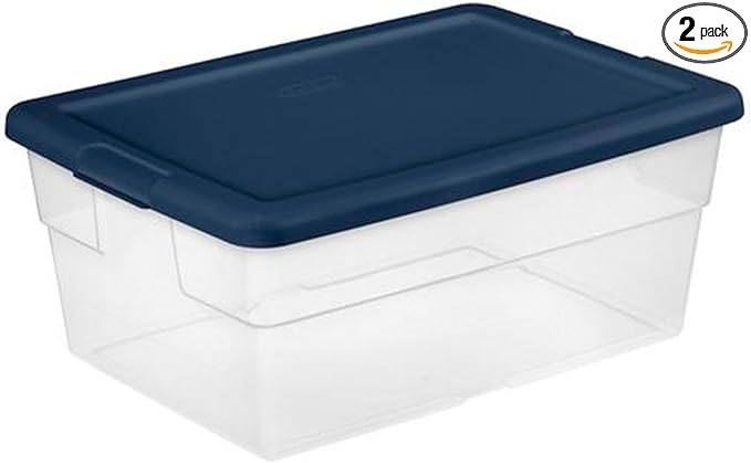 Sterilite 2 Pack Storage Boxes, Clear Plastic Stackable Bins with Lids, 16 Quart, Marine Blue