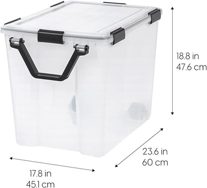 IRIS USA WeatherPro 103 Qt Storage Bins with Lids, 2 Pack, BPA-Free Plastic Gasket Box with Tight Latch and Seal, Stackable Nestable Tote Tub - Clear/Black