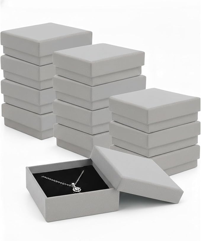 Rocutus Jewelry Gift Boxes for Necklace, Earring, Ring - Cotton Filled Cardboard Paper Jewelry Box Gift Cases for Wedding, 12 Pack Engagement, Gift Packaging, Luxury Jewelry Box, Ring Box (Grey)