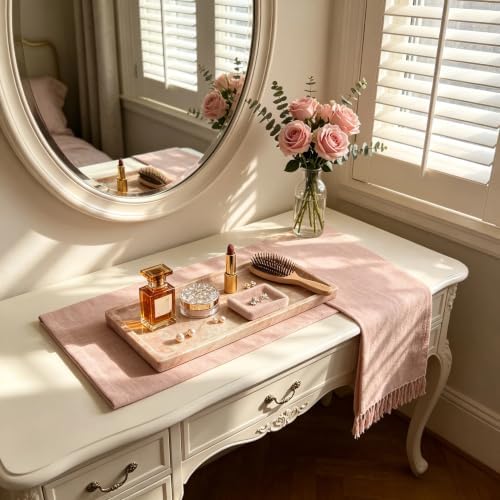 Pink Marble Tray for Vanity, Slim Natural Stone Decorative Tray for Bathroom, Perfume Organizer, Jewelry Dish, Kitchen & Entryway Countertop Decor, Small Rectangle Tray - Image 5