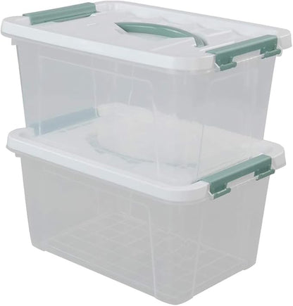 Gloreen 6 Quart Clear Storage Bins with Lid and Green Handle, Multipurpose Stackable Plastic Storage Latches Box/Containers, Set of 2