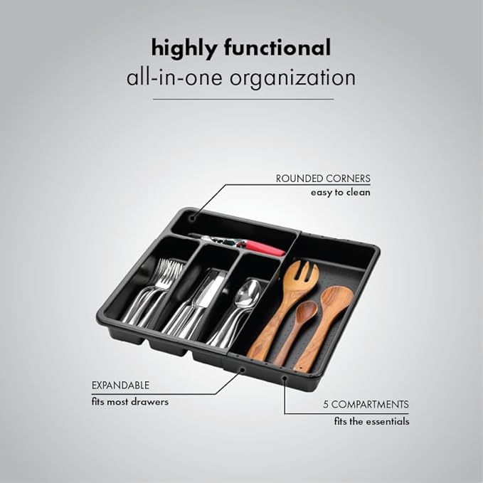 madesmart Expanding Silverware Tray, 5 Compartment Flatware Organizer for Forks, Knives & Spoons, Durable Drawer Organizer, Carbon