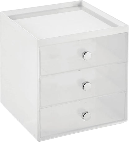 mDesign Makeup Organizer Storage Station Cube with 3 Drawers for Bathroom Vanity, Cabinet, Countertops - Holds Lip Gloss, Eyeshadow Palettes, Brushes, Blush, Mascara - White/Clear