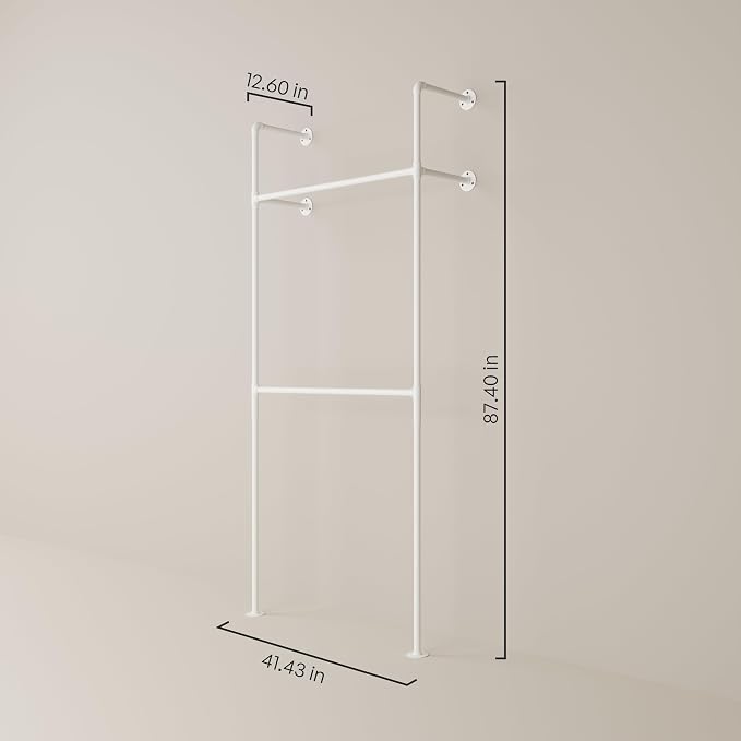 pamo Industrial Pipe Clothing Rack White Metal - 1100 lbs Capacity - Wall-Mounted Clothes Racks for Hanging Clothes - Modern Walk-In Closet