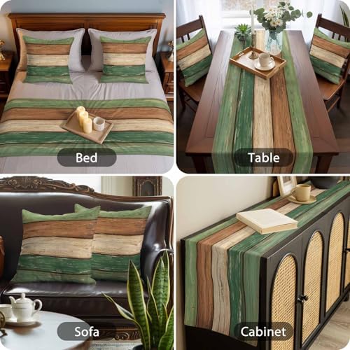 Bed Runner for Cal. King Size Bed, Farmhouse Dark Sage Green Brown Decorative Beds Runners and 2 Matching Pillow Covers Set, Vintage Wooden Striped Beds Scarf Throw for Foot of Bedding Set for Hotel - Image 4