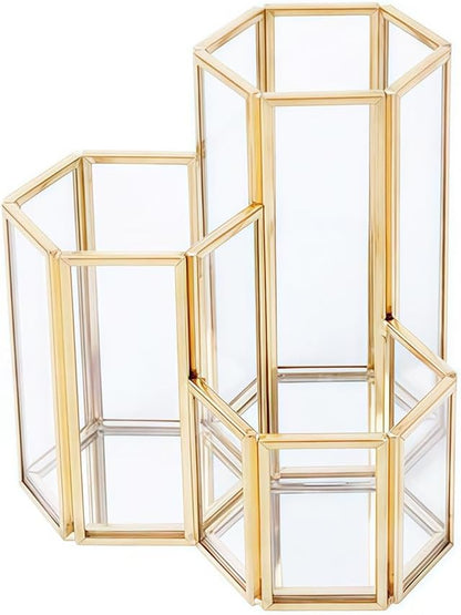 JIARI Glass Makeup Brush Holder, 3 Slots Gold Hexagon Cosmetics Organizer, Desktop Pen Pencil Pot for Office Home (Hexagon-3 Slot)