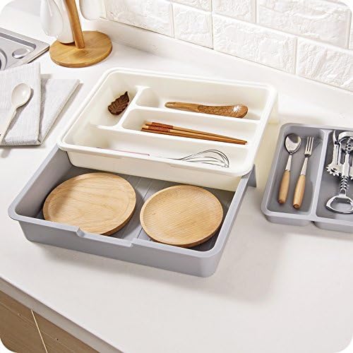 HornTide 3-in-1 Cutlery Tray, Expandable Utensils Holder, Plastic Kitchen Drawer Organizer for Silverware Storage and More - Gray