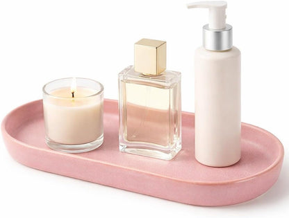 Matte Pink Ceramic Bathroom Tray for Countertop, Aesthetic Vanity Organizer Dish for Perfume, Jewelry & Soap, Oval Decorative Tray for Bathroom Sink, Dresser, Coffee Bar, Minimalist Home Decor