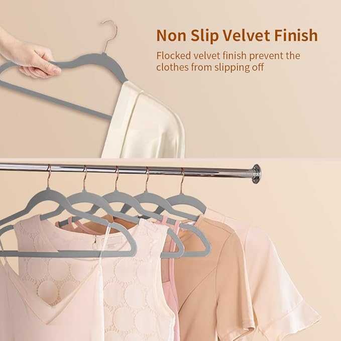 Stormix 36 Pack Velvet Hangers, 17.3 x 8.9 Inches Clothes Hangers, Non Slip Dresses Hangers with Shoulder Notches for Adult Gray - Rose Gold Hook