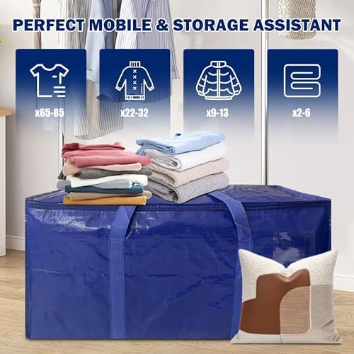 8 Pack Extra Heavy Duty Large Moving Bags with Strong Zipper & Carrying Handles, Sturdy Clothes Storage Bag Totes Bins, Packing Bags Moving Boxes College Moving Supplies, Dark Blue - 33 gal - Image 6