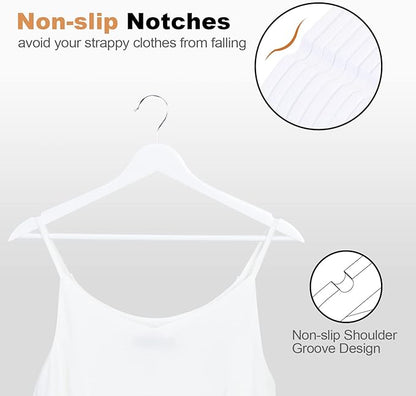 Wooden Hangers 20 Pack, Wood Hangers with Extra Smooth Finish, Precisely Cut Notches & Chrome Swivel Hook, Wooden Clothes Hangers for Shirt Coat Jacket Dress, White