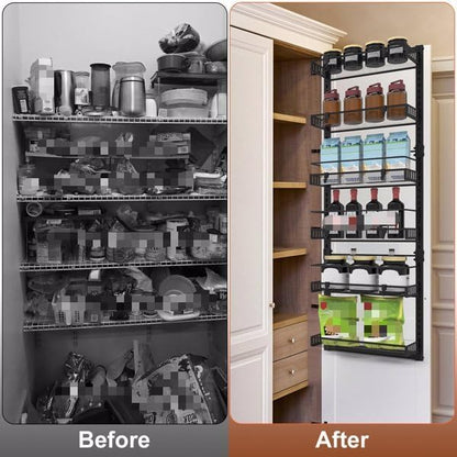 6-Tier Over the Door Organizer, Heavy Duty Metal Pantry Door Rack, Hanging Storage Shelf for Kitchen, Over The Door Spice Rack & Pantry Organizer, 6-Shelf Metal Hanging Storage (Black)