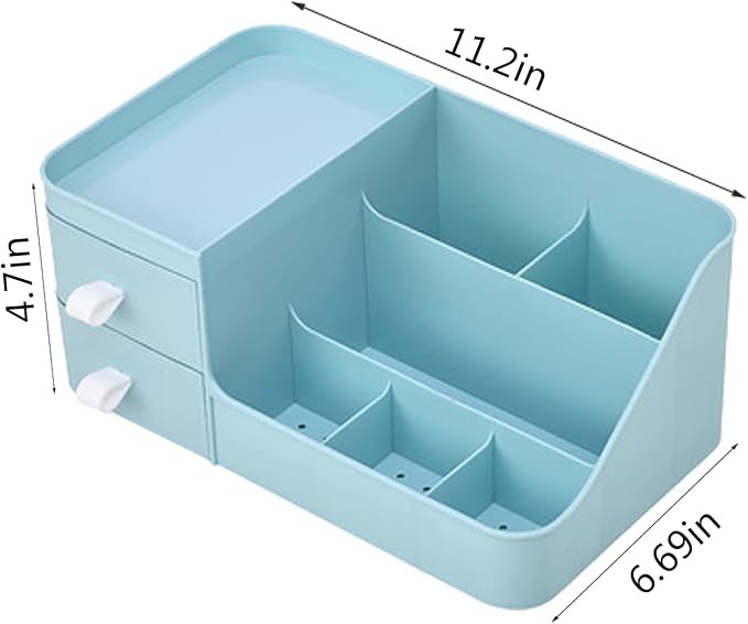 skin care organizer,Makeup Desk Organizer With Drawers,Countertop Organizer for Cosmetics,Vanity brush with Holder for Lipstick, Brushes, Eyeshadow, and Desktop (polar blue)