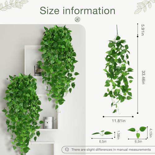 Pothos Vines Artificial 6 Pack, 40" Fake Hanging Plants for Wall Decor Indoor, Green Heart-Leaf Vines for Wall Backdrop Living Room Bedroom Party Decor - Image 2