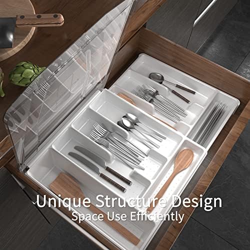Double Layer Silverware Tray with Lid, Drawer Organizer for Utensil Tray, Cutlery Storage Holder with Cover, White