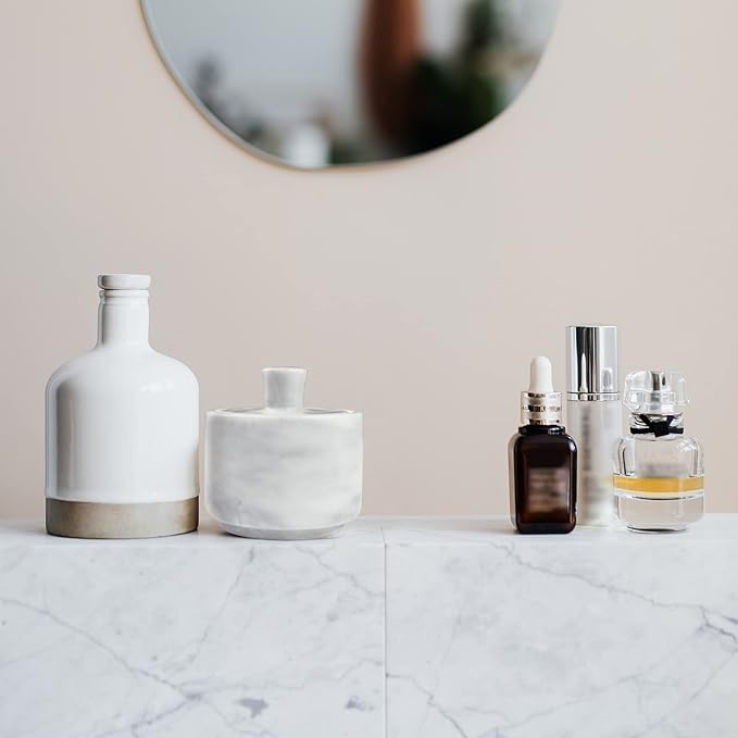 Marble Salt Cellar with Lid, White Stone Salt or Pepper Bowl Box Container Jar Holder Well Keeper Dish Pig Crock