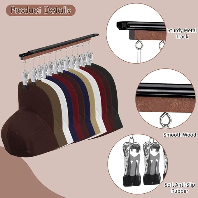 SNOWSTAR Hat Hanger for Closet, 1 Pack Sliding Hat Rack for Baseball Caps, Baseball Hat Organizer Holder with 12 Large Clips, Ball Cap Organizer Wall Space Saving Design