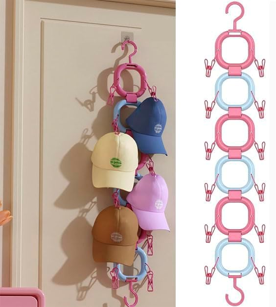 Hat Organizer Storage for Baseball Caps Hat Rack Small Space Organization for Wall and Cloeset Multi-Functional Hanger Hold up to 12 Hats 6 Scarf for Closet Door Bedroom (Red Blue - 6 Loops)
