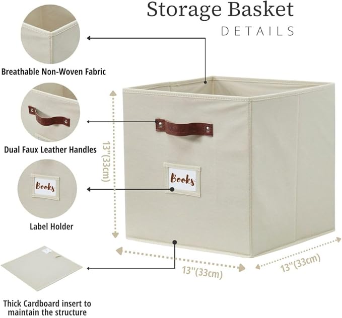 DECOMOMO Storage Cubes, 13x13x13 Storage Cube Bins with Labels, Fabric Organizer Bins (13" / 6pcs, Beige)