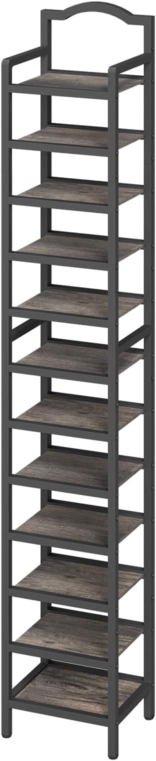 YATINEY 12-Tier Tall Shoe Rack, Vertical Shoe Organizer for Small Spaces, Wooden Shoe Shelf for Entryway, Space Saving Shoe Storage, Holds 12 Pairs of Shoes, Charcoal Gray and Black SS52BC