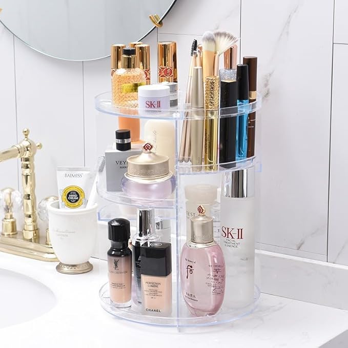 DOZZZ Makeup Organizer 360-Degree Rotating with 7 Layers Large Capacity Adjustable Multi-Function Acrylic Cosmetic Storage Display Case Great For Bathroom Countertop