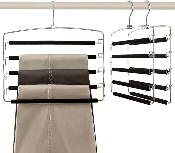 5-Tier Pants Hanger 2 Pack, Closet Organizer Space Saving Hanging Storage for Jeans, Trousers, Skirts, Dresses, Scarves (1-Pack)