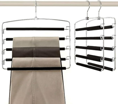 5-Tier Pants Hanger 2 Pack, Closet Organizer Space Saving Hanging Storage for Jeans, Trousers, Skirts, Dresses, Scarves (1-Pack)