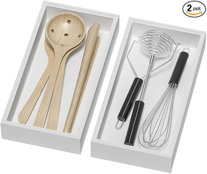 Lixple Bamboo Drawer Organizer, Cutlery Silverware Organizer for Kitchen Drawer, Stackable Utensil Organizer, 2 Pcs Flatware Organizer for Drawer, Wooden Storage Box Tray (White, 12 X 6 X 2 Inch)