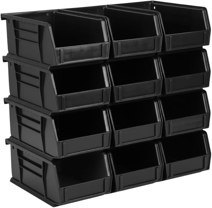 Hudson Exchange 7-1/2" x 4" x 3" (12 Pack) Plastic Stackable Storage Bin and Hanging Container, Black