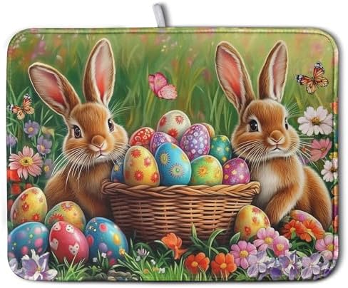 Easter Bunny Eggs Dish Drying Mat for Kitchen Counter 18x24 Inch Spring Easter Rabbit Flowers Large Drying Mat Microfiber Dish Drainer Rack Mats Absorbent Reversible Dishes Pad Dish Dryer Mat by Wnoesat
